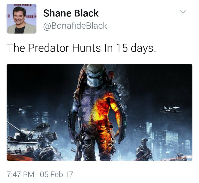 Predator tweet 'The Predator' to Begin Filming in Two Weeks