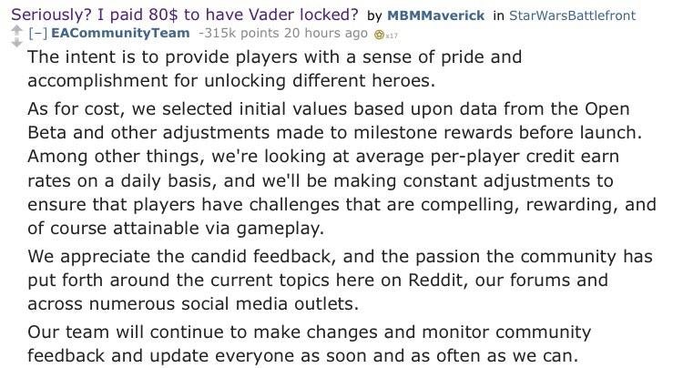 EA's Response On Reddit - Starwars Battlefront